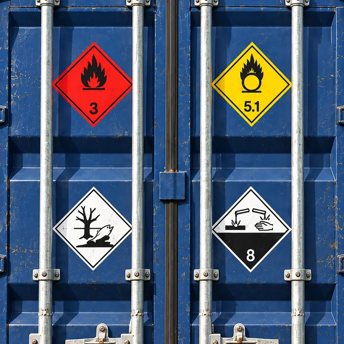 Container mit vier Gefahrgutetiketten 25 × 25 cm